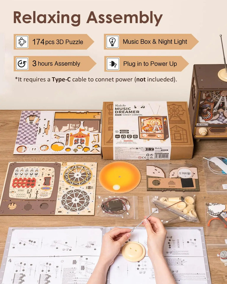 3D Wooden Puzzle Sunset Carnival Music Box With Lights