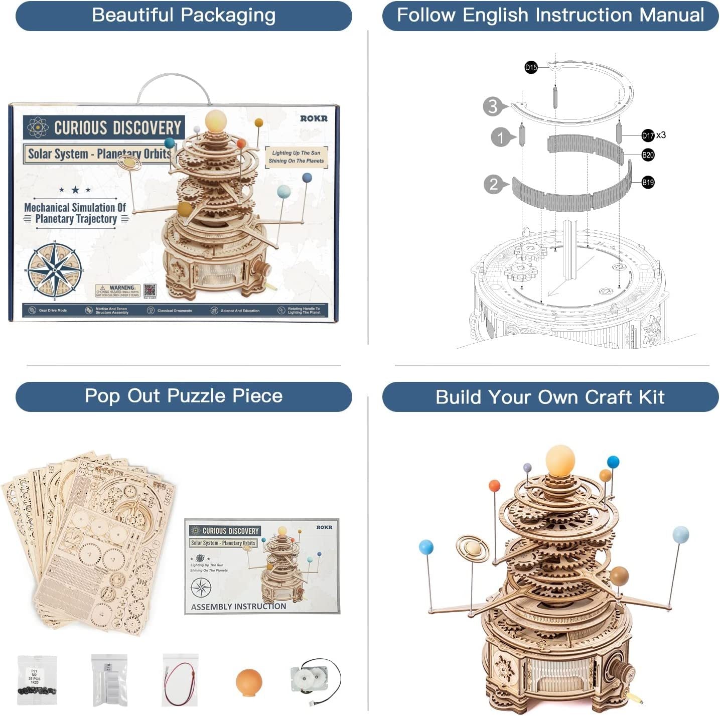 3D Wooden Puzzle Rotatable Mechanical Orrery