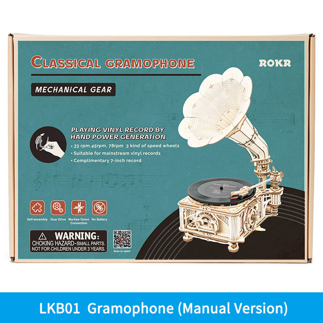 3D Wooden Puzzle Hand Crank Classic Gramophone