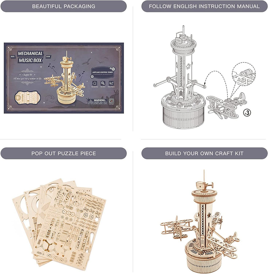 3D Wooden Puzzle Air traffic control tower Musical Box